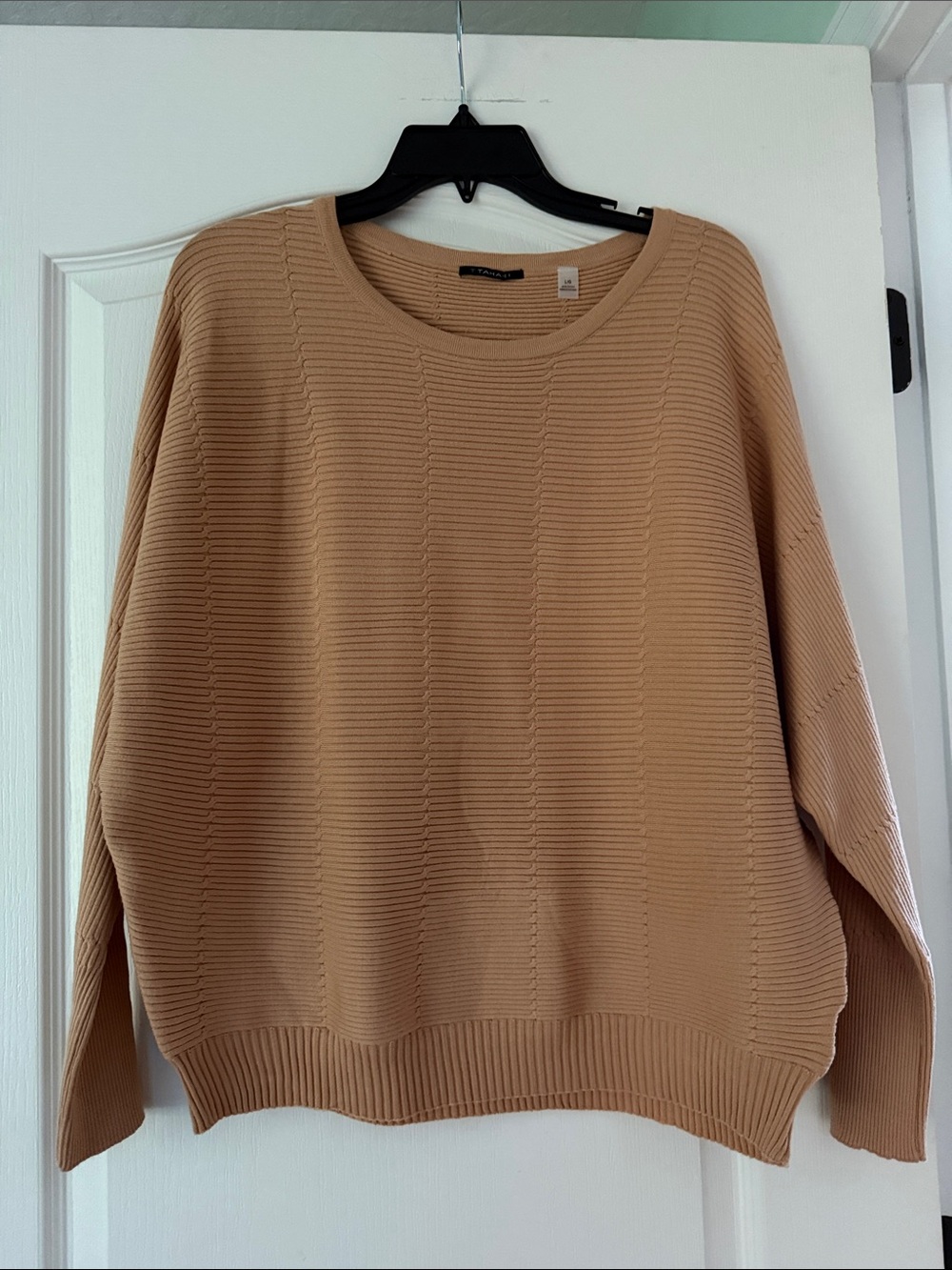 T Tahari Neutral Camel Ribbed Crewneck Sweater